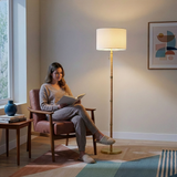Stellar Wood Rattan Tube - Gold Brass Metal and White Linen Shade Floor Lamp
