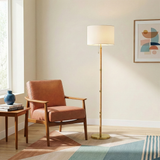 Stellar Wood Rattan Tube - Gold Brass Metal and White Linen Shade Floor Lamp