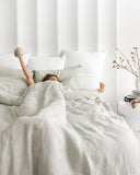 Striped in forest green linen duvet cover set (3 pcs)