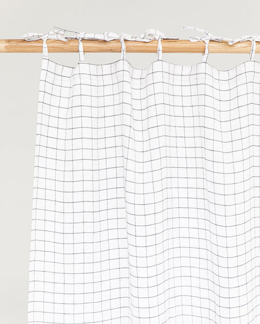 Tie top linen curtain panel (1 pcs) in Charcoal grid