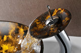 Timbre Series 17 in. Round Bathroom Vessel Sink in Kindled Amber Finish Glass with Matching Chrome Waterfall Faucet
