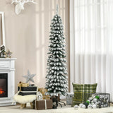 HOMCOM 6' Tall Unlit Slim Pencil Xmas Tree, Snow Flocked Artificial Christmas Tree with Realistic Branches and 603 Tips, Green