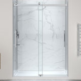 Stellar Series 76 in. x 57-60 in. Sliding Frameless Shower Door with Alcove Center Drain Shower Base - Multiple Finishes