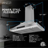 ANZZI 30-Inch 450 CFM 3-Speed Stainless Steel Wall Mount Convertible Pyramid Residential Range Hood with LED Lamp