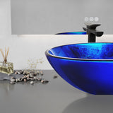 Belissima Series 17 in. L x 17 in. W Round Bathroom Vessel Sink in Stellar Blue Finish Glass with Chrome Pop-Up Drain