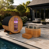 4-6 Person Electric Rock Heater Outdoor Barrel Sauna in White Cedar with 2-Person Cedar Cold Plunge Soaking Bathtub