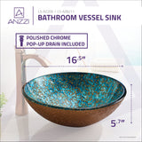 Chrona Series 17 in. Round Bathroom Vessel Sink with Stain-Resistant Non-Porous Surface in Gold/Cyan Mix Finish Glass