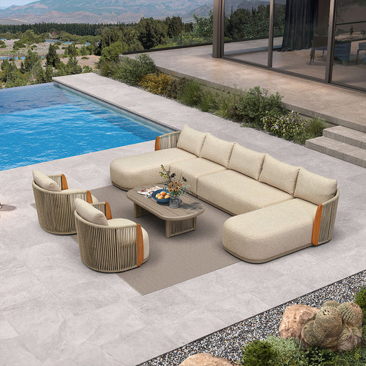 PURPLE LEAF Hailar U-Shaped Patio Conversation Set with Genuine Teak Cushions and Pillows Olefin Rope Backres Outdoor Couch Sets for Porch Garden