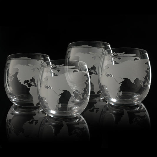 Etched World Globe Glasses 10 oz -Set of 4