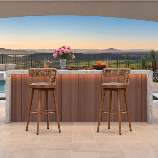 PURPLE LEAF Outdoor Swivel Bar Stools Set of 2 Metal Modern Rattan Bar Chairs with Backrest Aluminum Woven Barstools with Cushions
