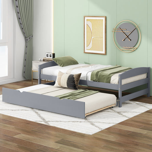 Twin Size Platform Bed with Twin Size Trundle, Headboard and Footboard, Sturdy Pine Wood Construction, 77.5" L x 40.5" W x 22" H, Gray