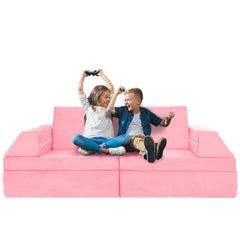 10-Piece Modular Convertible Kids Play Couch Sofa Set with Removable Velvet Covers (Pink)