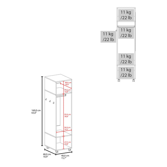 TUHOME Cluster 63-Inch Tall One-Door Wardrobe Cabinet with Mirror, Hanging Rod, Three Storage Shelves, Casters and Side Hooks, Freestanding Armoire Organizer for Bedroom, Laundry Room or Closet Clothes Storage