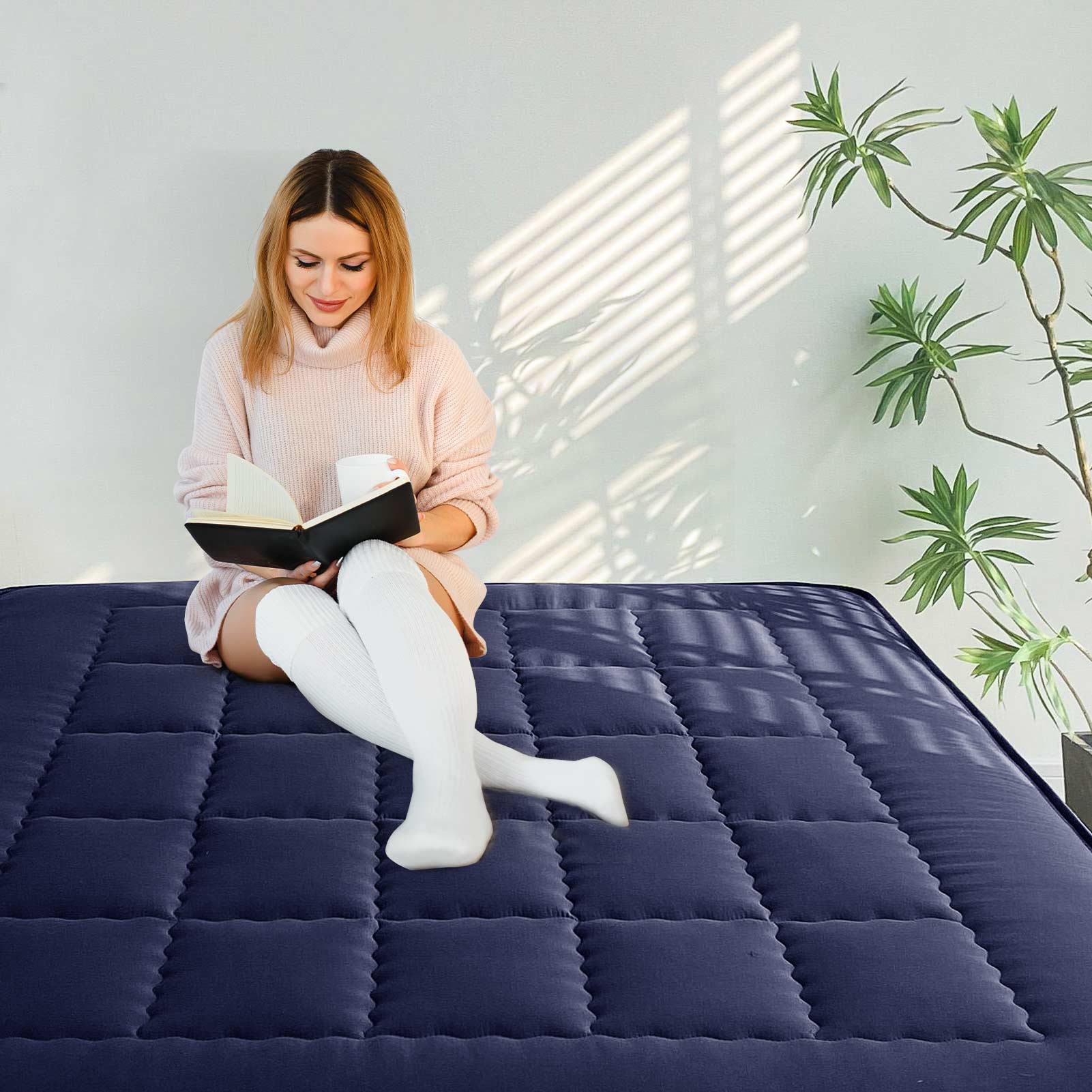 MAXYOYO 6" Extra Thick Japanese Futon Mattress with Rectangle Quilted, Stylish Floor Bed For Family, Navy