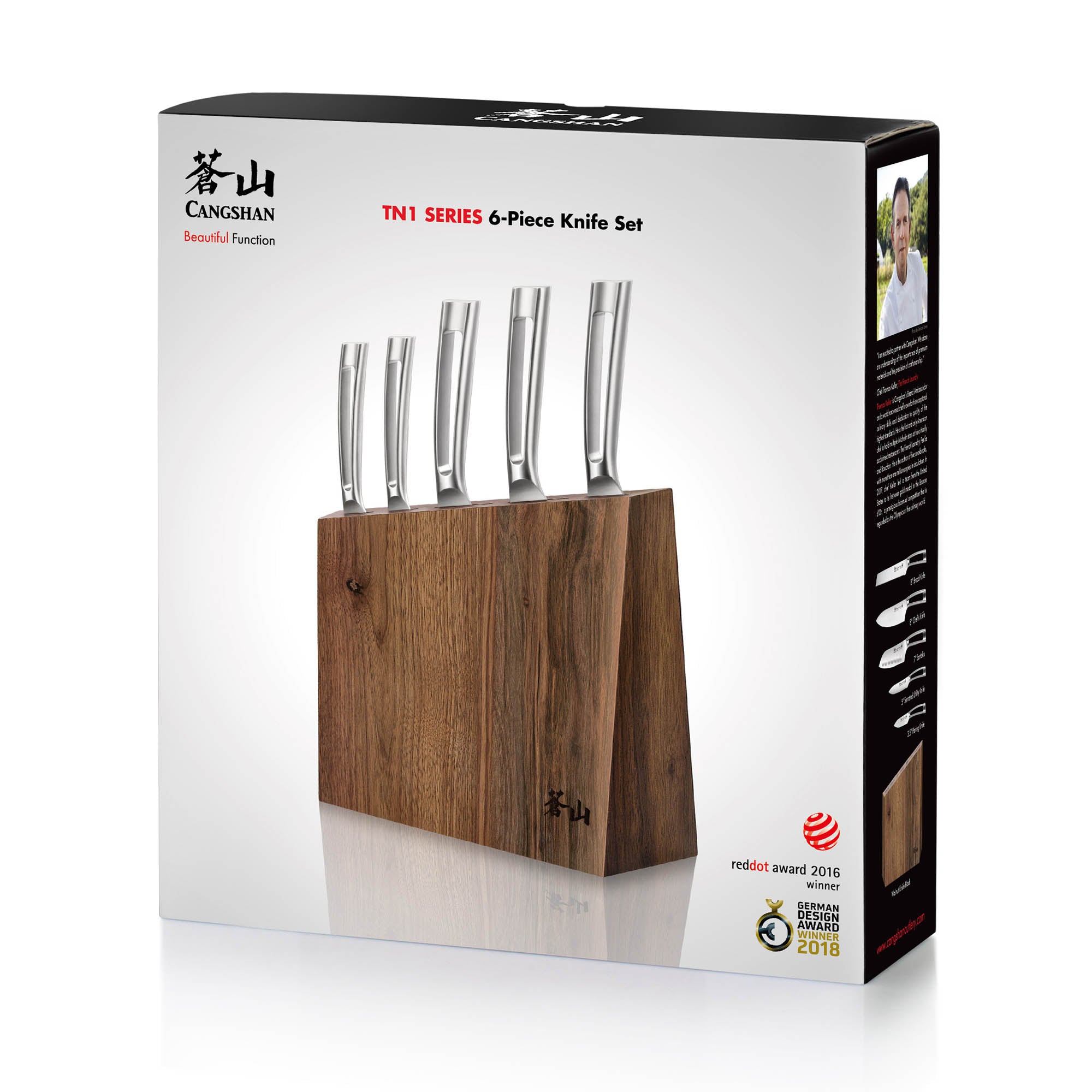 TN1 Series 6-Piece Knife Block Set, Forged Swedish 14C28N Steel, Walnut Block, 1024838