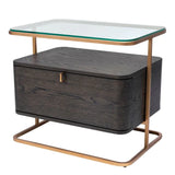 Nightstand Augusto
Mocha crown oak veneer | brushed brass finish | clear glass