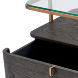 Nightstand Augusto
Mocha crown oak veneer | brushed brass finish | clear glass