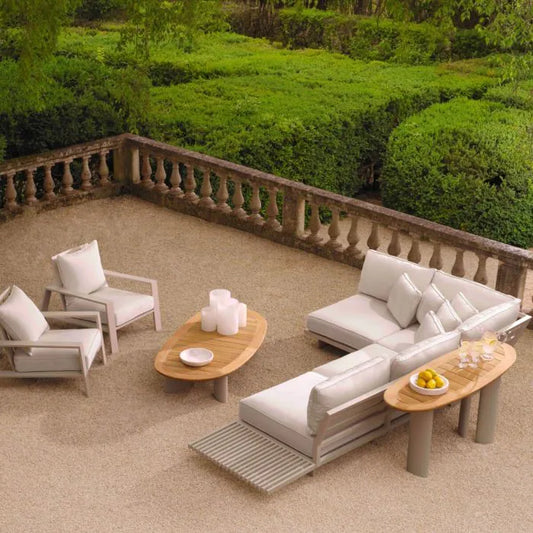 Outdoor Console Table Free Form
Natural teak top | sand finish legs