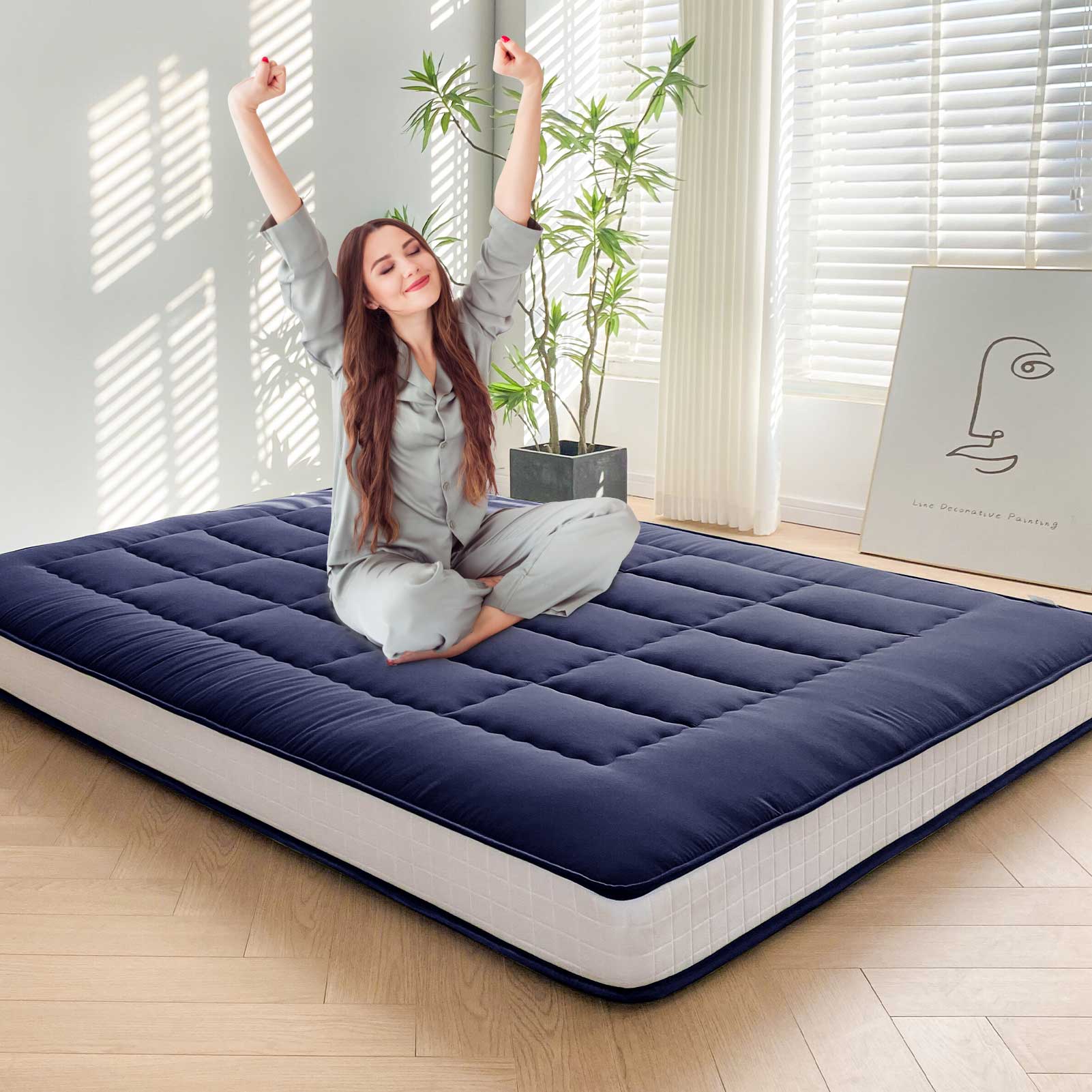 MAXYOYO 6" Extra Thick Japanese Futon Mattress with Rectangle Quilted, Stylish Floor Bed For Family, Navy