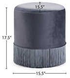 Teddy Plush Velvet Contemporary Ottoman with Fringed Tassels for Stylish Home Décor Accent