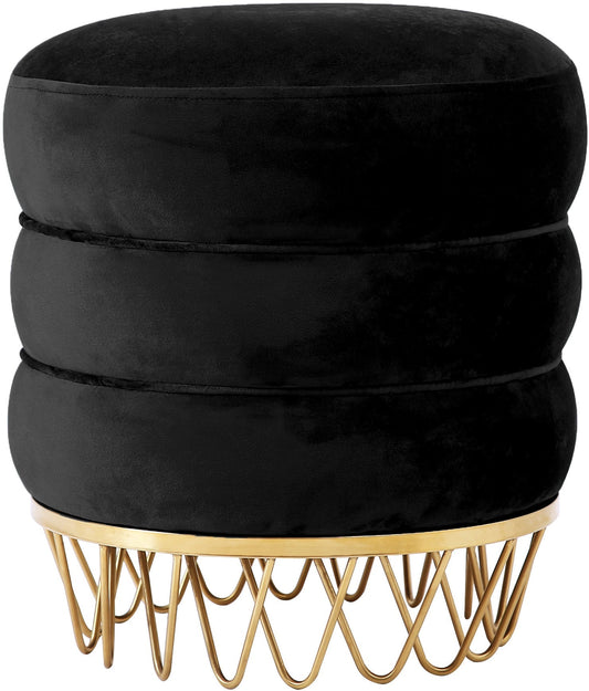 Revolve Plush Black Velvet Ottoman with Gold Stainless Steel Base - Stylish Contemporary Accent Piece