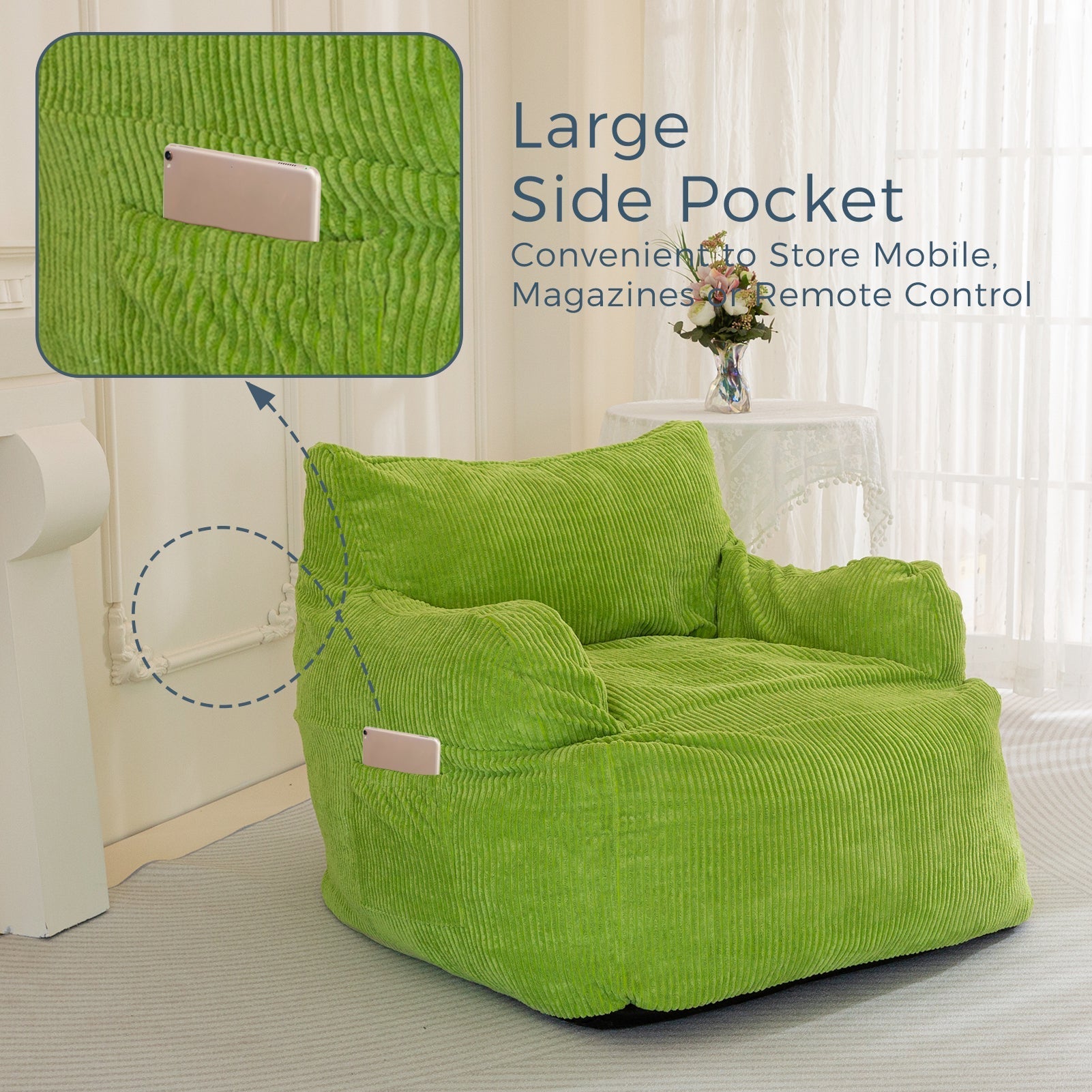 MAXYOYO Giant Bean Bag Chair, Stuffed Bean Bag Couch for Living Room, Green