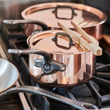 Mauviel M'Heritage M'150 CI Copper Sauce Pan with Lid 2.8-Qt and Frying Pan 11.8-In, Cast Iron Handles