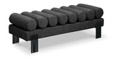Akeela Stylish Upholstered Fabric Bench with Rolled Cushion Top and Modern Black Metal Legs