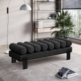 Akeela Stylish Upholstered Fabric Bench with Rolled Cushion Top and Modern Black Metal Legs