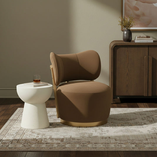 Elara - Velvet Upholstered Swivel Accent Chair - Saddle / Stained Natural