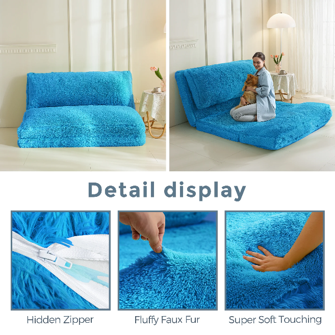 MAXYOYO Bean Bag Folding Floor Sofa Bed, Faux Fur Foam Filling Wall Couch Sleeper Chairs, Blue