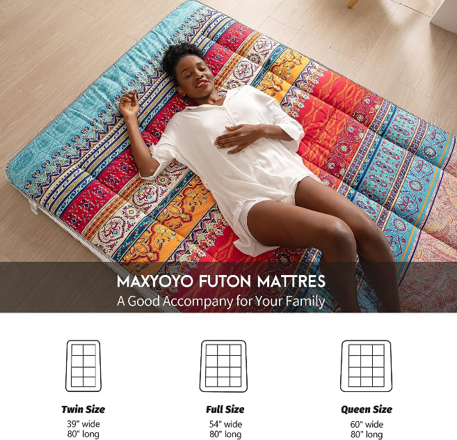 MAXYOYO Bohemian Retro Japanese Floor Mattress, Padded Vintage Floral Futon Mattress