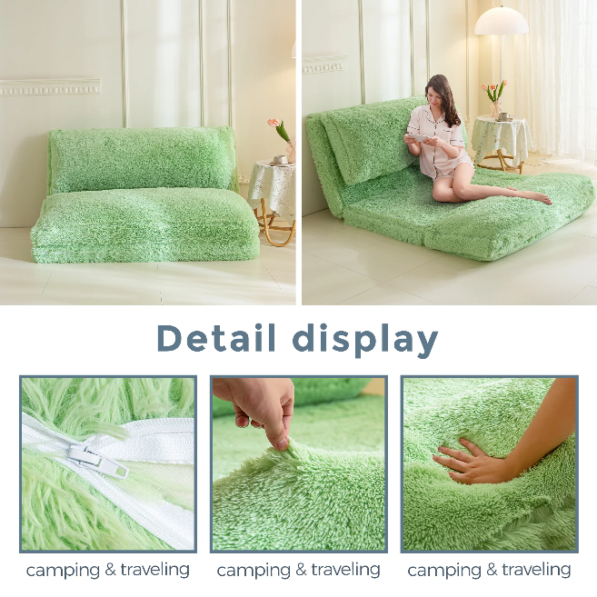 MAXYOYO Bean Bag Folding Floor Sofa Bed, Faux Fur Foam Filling Wall Couch Sleeper Chairs, Green