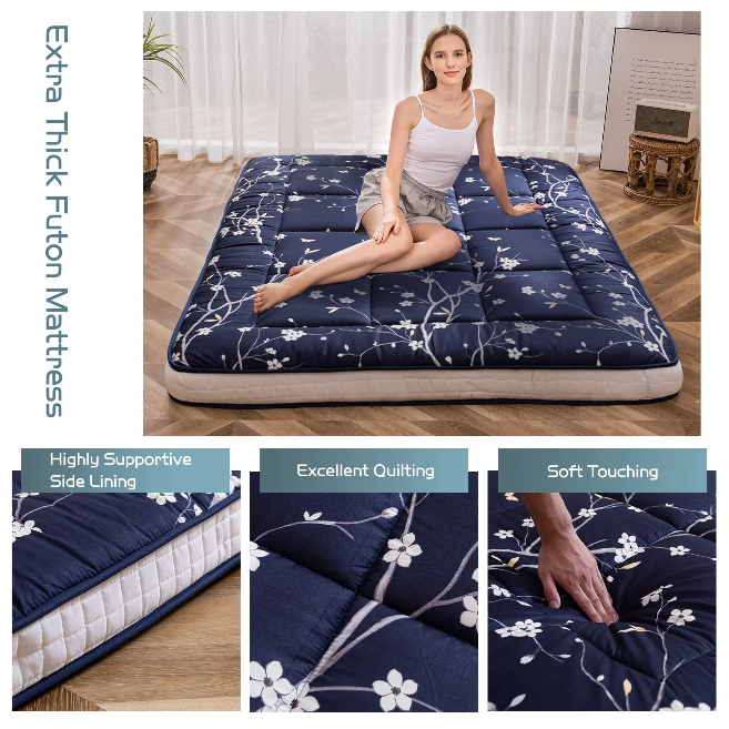 MAXYOYO Navy Floral Printed Padded Japanese Futon Mattress, Quilted Bed Mattress Topper, Folding Sleeping Pad Guest Bed for Camping Couch