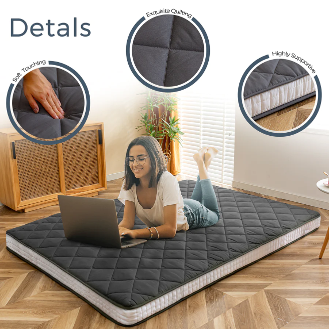 MAXYOYO Diamond Patterned Padded Japanese Futon Bed, Extra Thick Japanese Floor Mattress Quilted Mattress Topper, Dark Grey