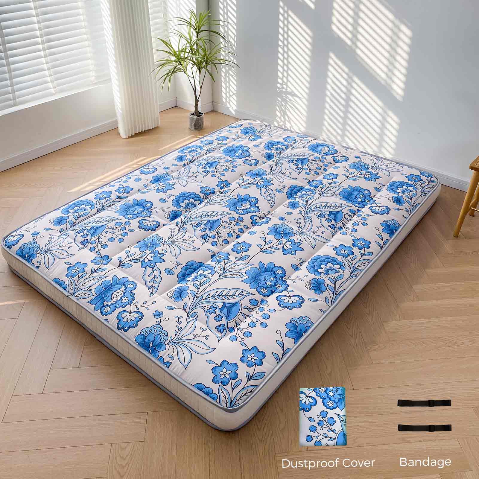 MAXYOYO 6" Extra Thick Japanese Futon Bed, Little Fresh Blue Flower Pattern Floor Mattress for Home