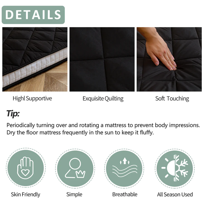 MAXYOYO Padded Japanese Floor Mattress, Black Foldable Roll Up Futon Mattress