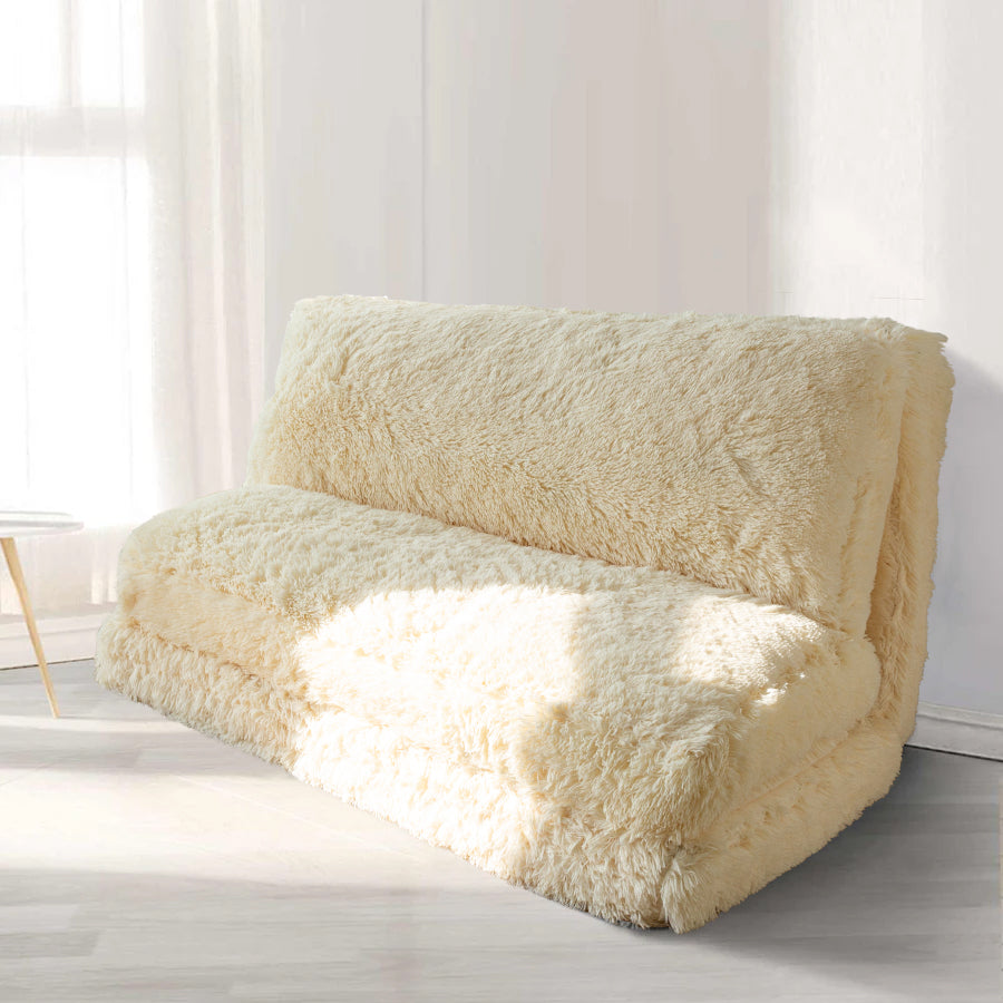 MAXYOYO Bean Bag Folding Floor Sofa Bed, Faux Fur Foam Filling Wall Couch Sleeper Chairs, Beige