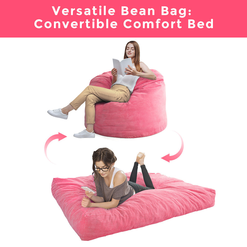 MAXYOYO 4ft Corduroy Bean Bag Bed, Convertible Bean Bag Chair to Floor Bed, Pink