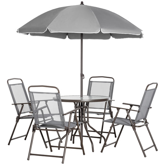 Outsunny Garden Soirée: 6-Piece Gray Patio Dining Set with Umbrella & Glass Table