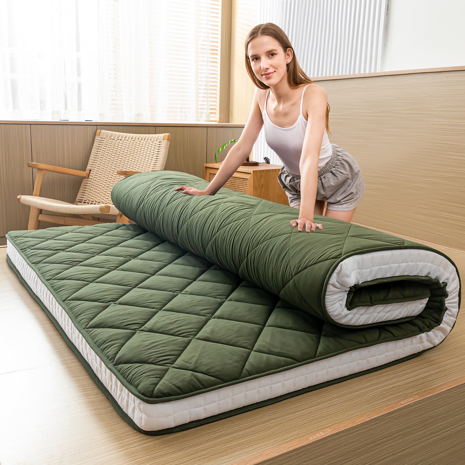 MAXYOYO Diamond Patterned Padded Japanese Floor Mattress, Extra Thick Japanese Floor Mattress Quilted Mattress Topper, Green