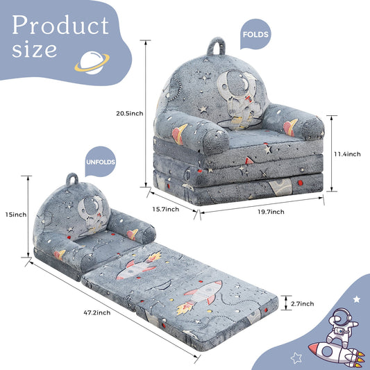 MAXYOYO Plush Foldable Kids Sofa, Shiny Children Couch Backrest Armchair Bed, Rocket Pattern