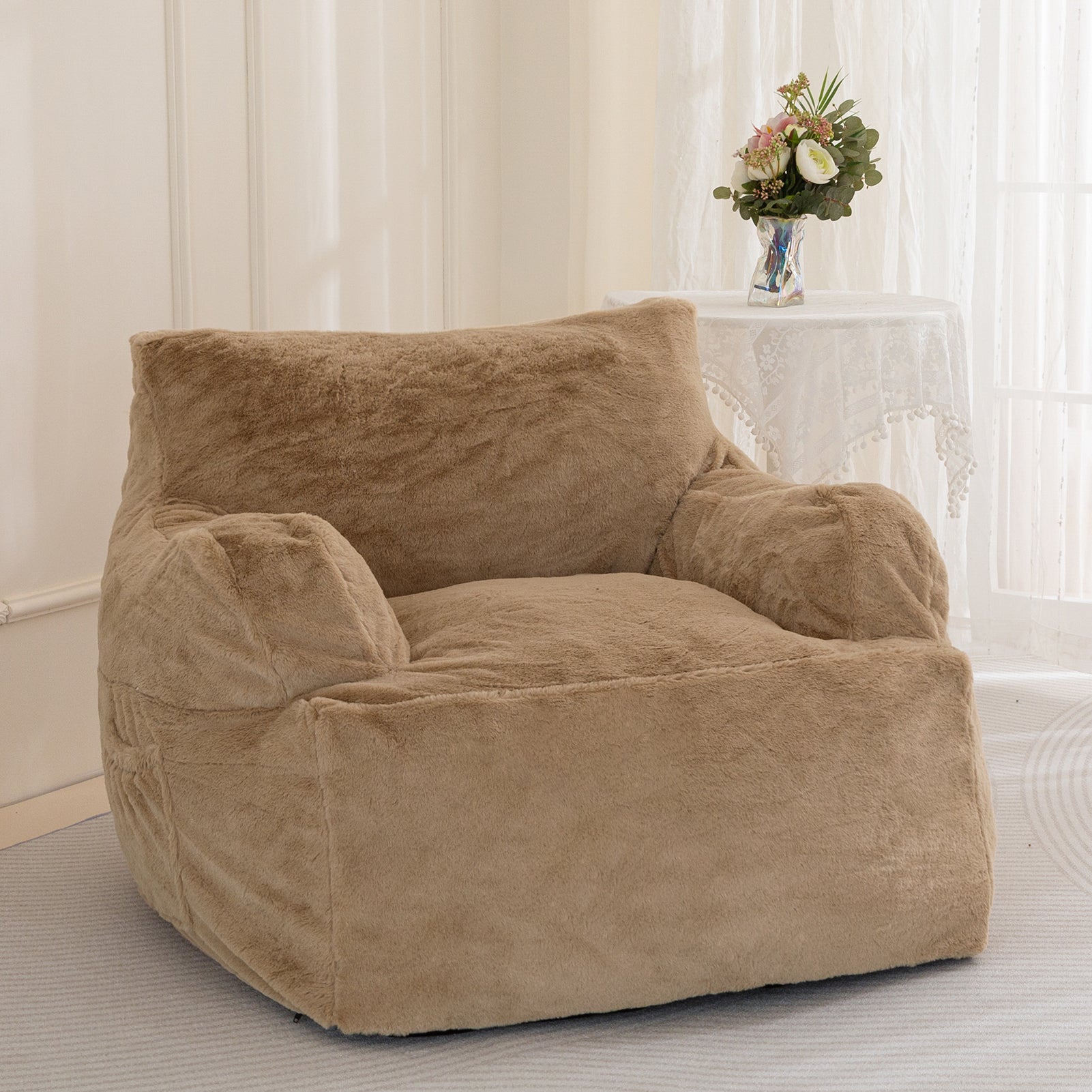 MAXYOYO Giant Bean Bag Chair, Faux Fur Stuffed Bean Bag Couch for Living Room, Khaki