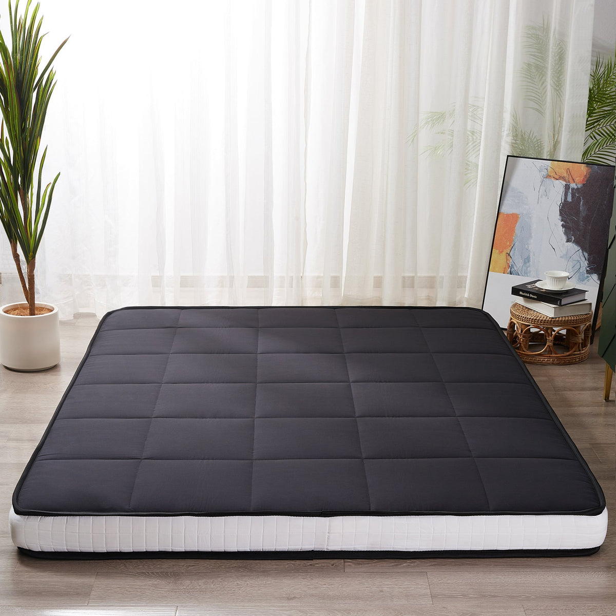 MAXYOYO 4" Square Japanese Floor Futon Mattress, Topper Mattress Pad, Black