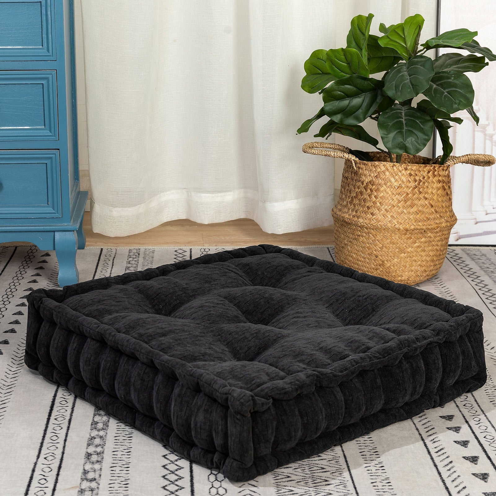 MAXYOYO Square Chenille Floor Pillow, Black, 20"x20"x5.5"