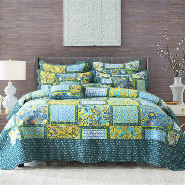 9pc Quilt Set -Patchwork 100% Cotton Bedspreads - Turquoise