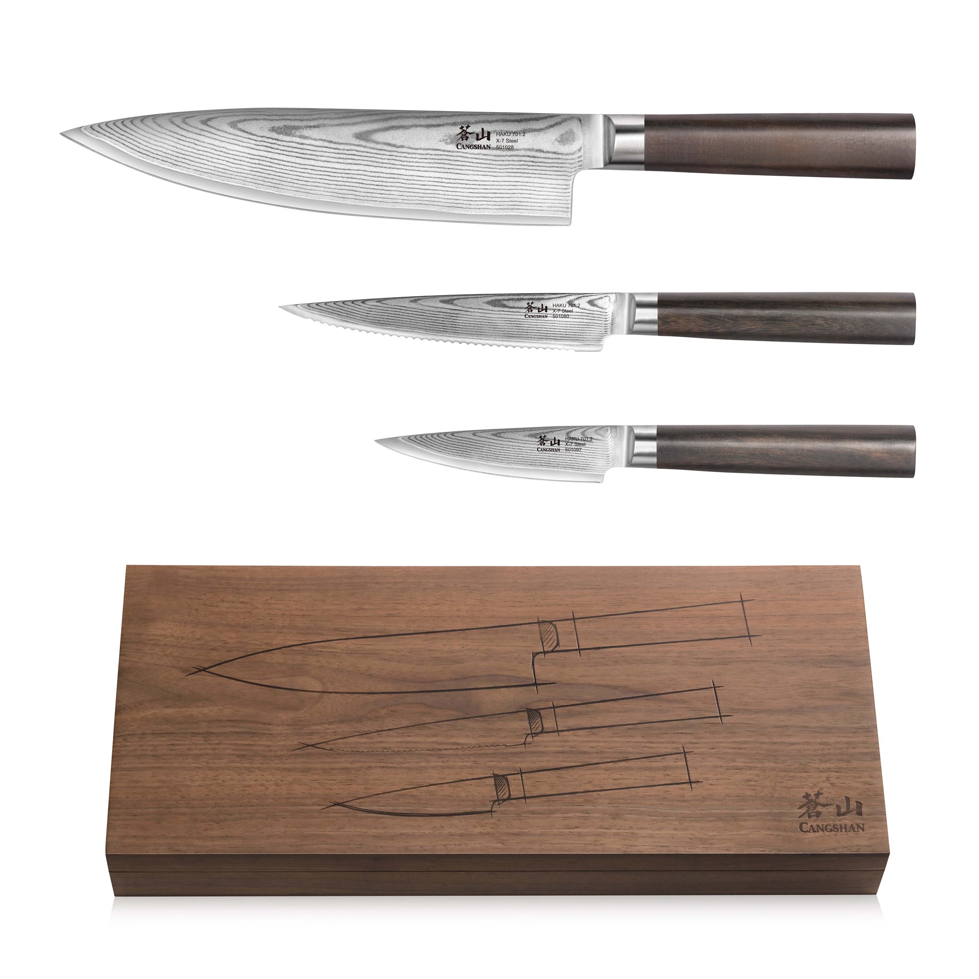 HAKU Series 3-Piece Starter Set with Walnut Box, Forged X-7 Damascus Steel, 501172