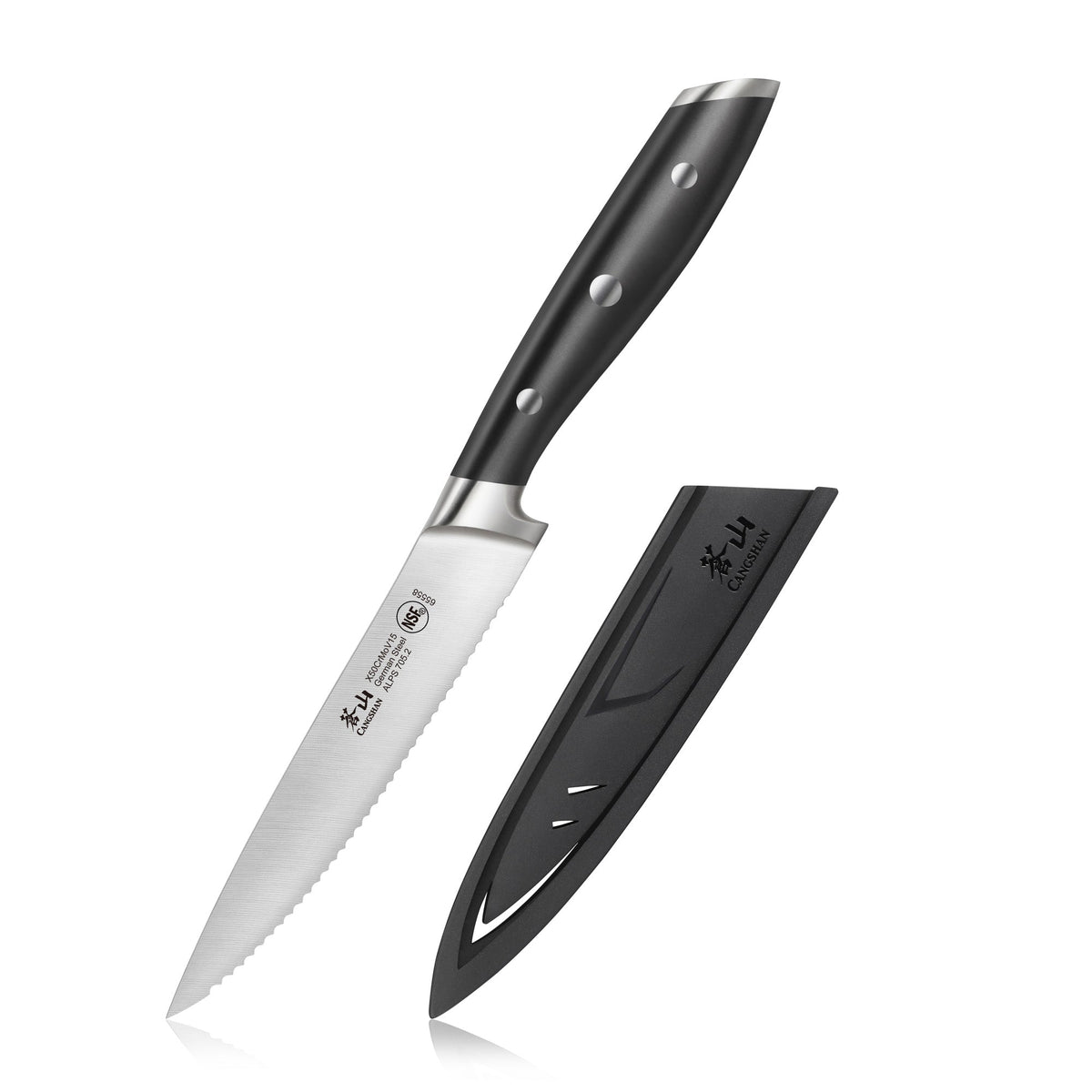 ALPS Series 5-Inch Serrated Utility Knife with Sheath, Forged German Steel, Black, 502759