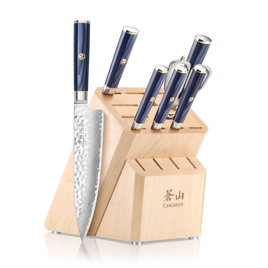 KITA Series 8-Piece Knife Block Set with Empty Slots, High Carbon X-7 Damascus Steel, 16-Slot Maple Block, 503862