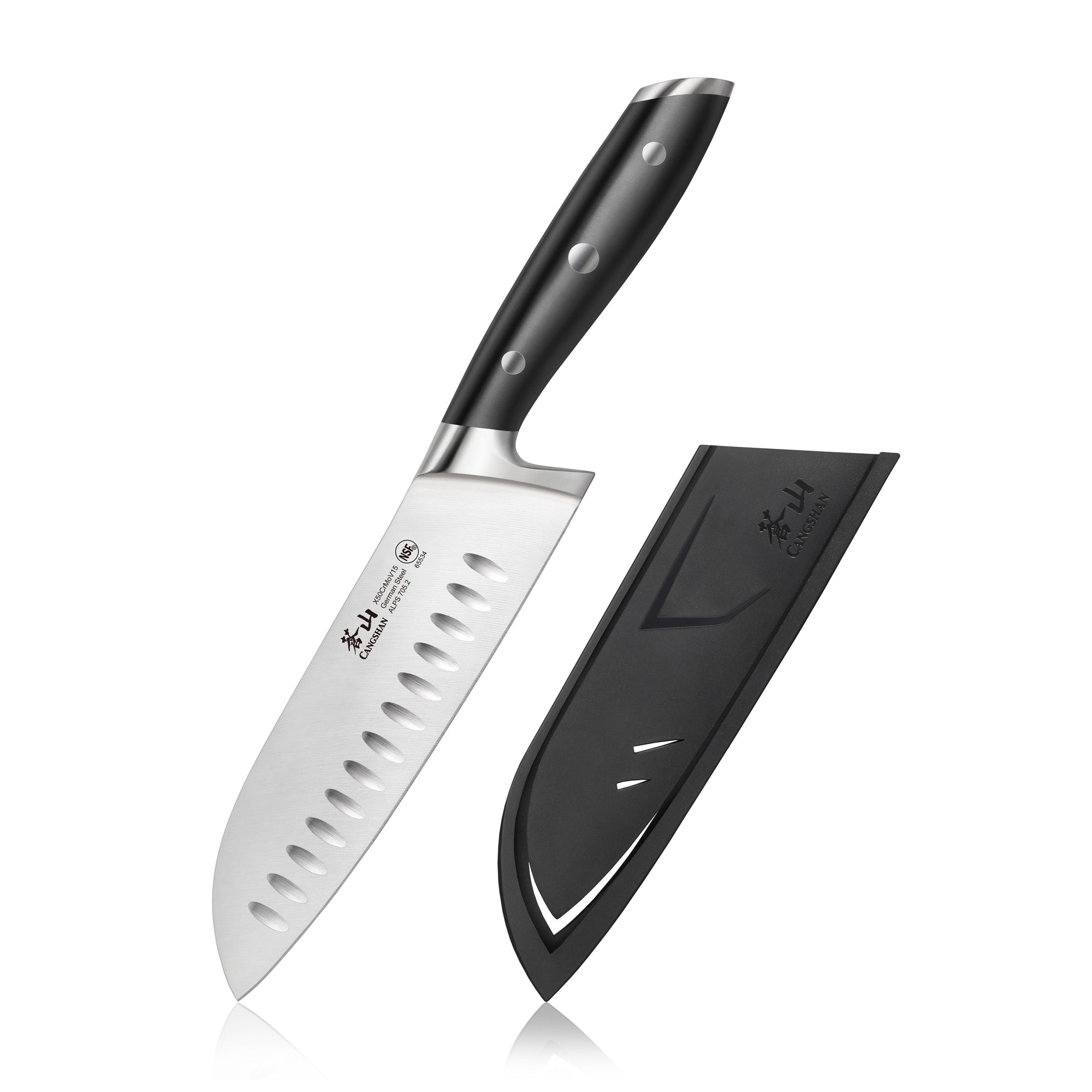 ALPS Series 7-Inch Santoku Knife with Sheath, Forged German Steel, Black, 502742